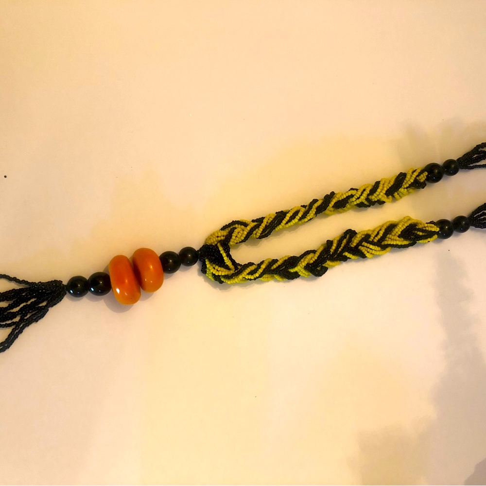 Black and Yellow Braided Beaded Long Necklace